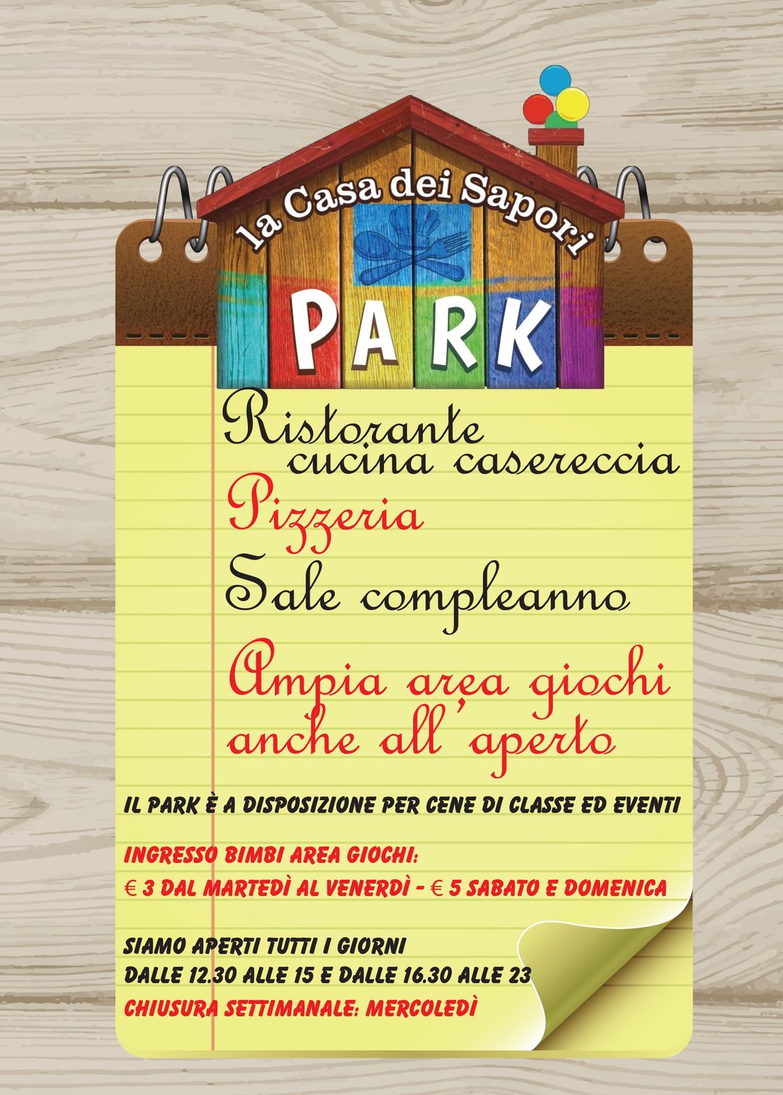 Tavola informazioni Park, prezzi area giochi e orari