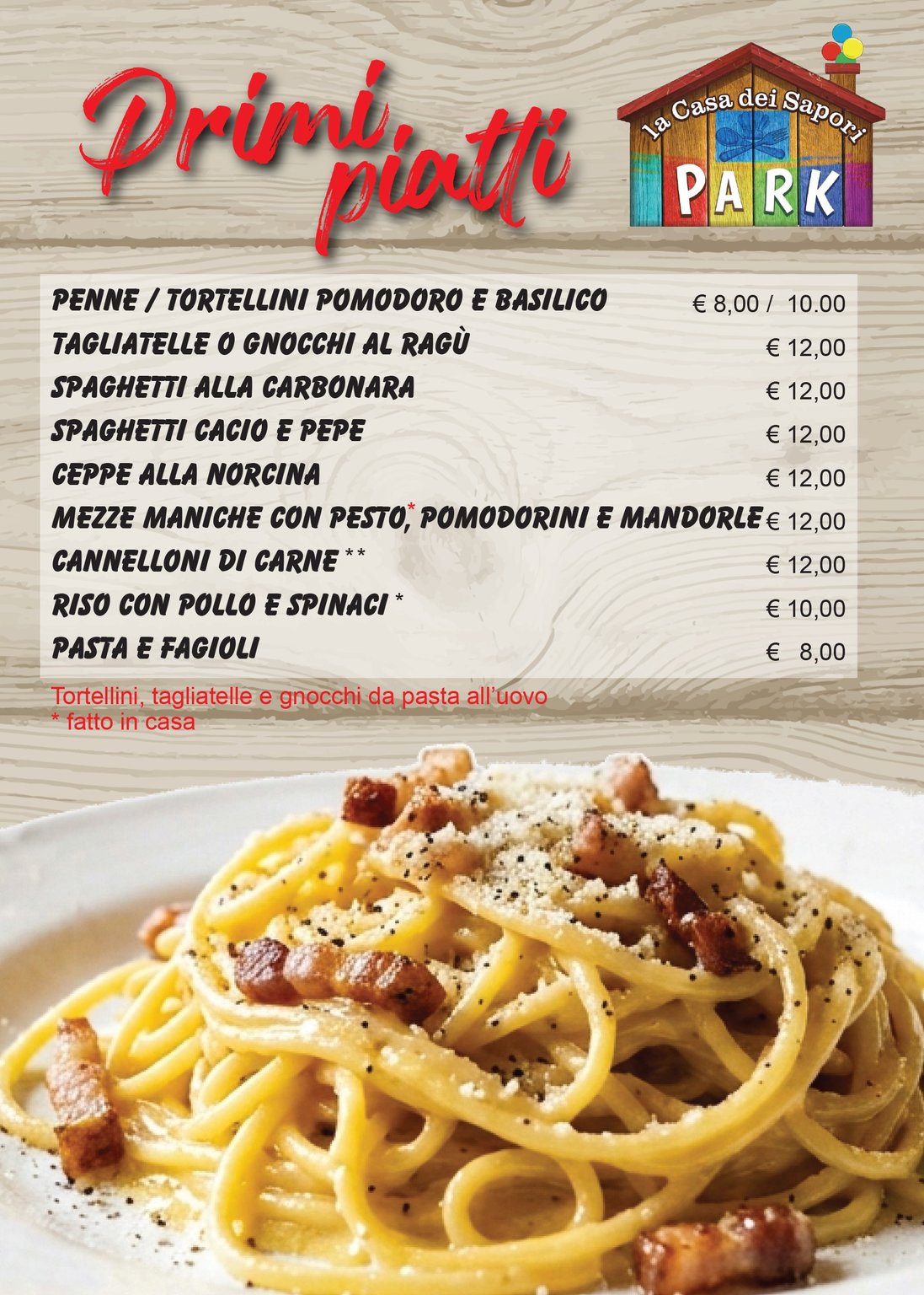 Tavola menu primi piatti